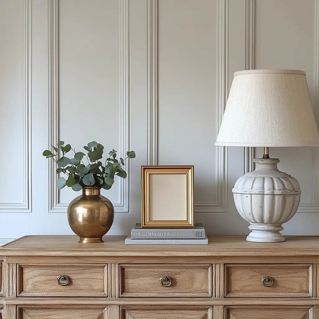 A light beige dresser with brass hardware displays a styled vignette.  A gold-framed picture sits atop a stack of books next to a brass vase holding eucalyptus sprigs.  A beige lamp with a textured fabric shade complements the arrangement against a backdrop of paneled walls. The overall aesthetic is minimalist and sophisticated.