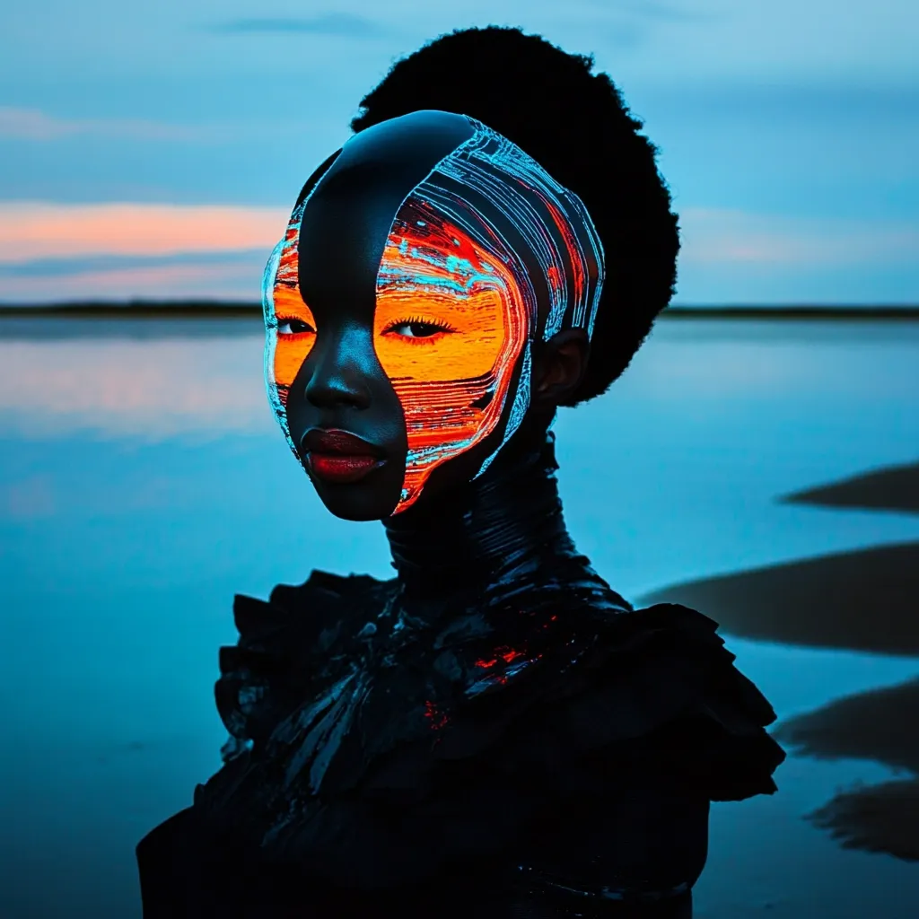 A Black woman with short, dark hair stands against a serene, twilight lakeside.  Her face is adorned with a striking, abstract mask of glowing orange and teal, resembling digital data streams. The mask extends to her neck, blending with a dark, textured garment.  The overall image evokes a sense of futuristic artistry and otherworldly beauty.