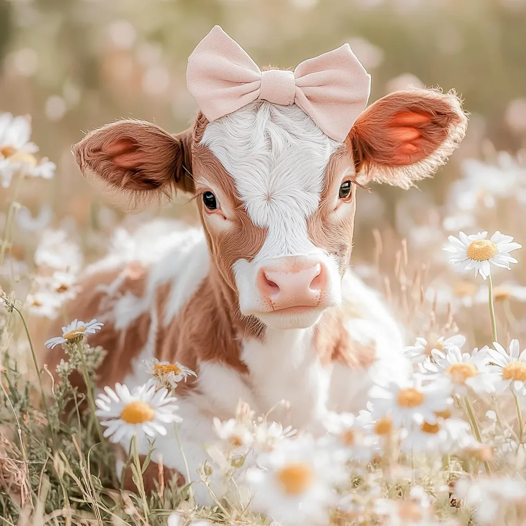 An adorable calf with a light brown and white coat sits amidst a field of daisies.  A delicate pink bow adorns its head.  The calf's large, expressive eyes and soft fur create a heartwarming image.  The overall tone is serene and idyllic, capturing a moment of peaceful rural beauty.