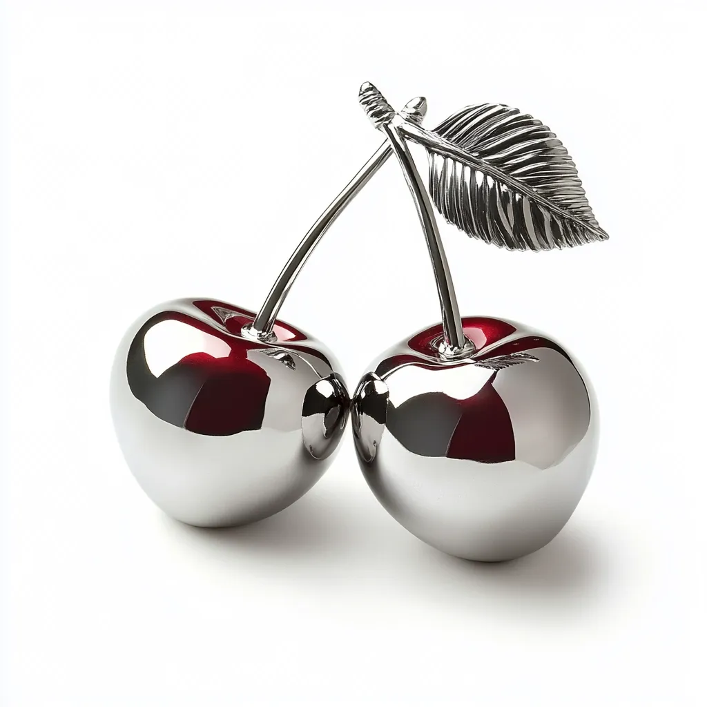 A pair of chrome cherries with a single leaf are shown against a white background.  The cherries are highly polished, reflecting light, and feature a deep red interior visible at the stem.  The stems and leaf are also chrome, creating a striking metallic contrast. The image is clean and minimalist, emphasizing the smooth curves and reflective surfaces of the sculpted fruit.