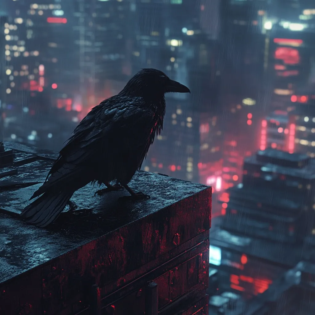 A lone raven perches atop a rain-slicked rooftop, silhouetted against a futuristic cityscape drenched in neon lights and falling rain.  The bird's dark plumage contrasts sharply with the vibrant, blurred cityscape in the background, creating a moody and atmospheric scene.  The overall feeling is one of melancholic solitude in a bustling, technologically advanced world.