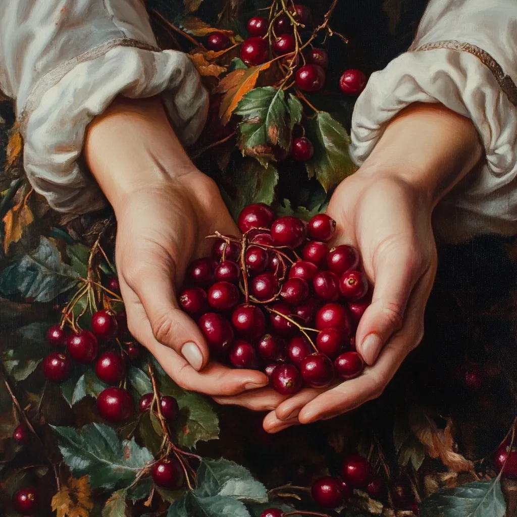 A close-up painting depicts two hands gently cradling a cluster of ripe, dark red berries.  The hands, fair-skinned and delicately rendered, belong to a person wearing a long-sleeved, off-white garment. The berries appear juicy and abundant, nestled amongst lush green leaves.  The overall tone is dark and rich, emphasizing the vibrancy of the fruit and the softness of the skin. The style suggests a classical or realist approach to painting.