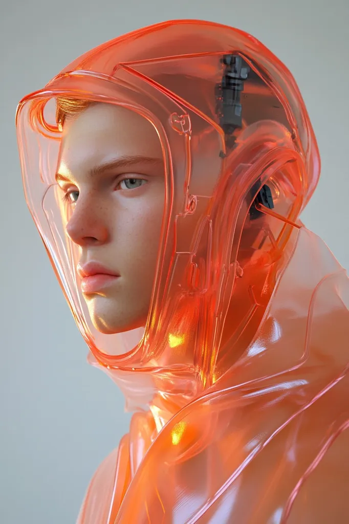 A digital rendering showcases a person's head and shoulders enveloped in a translucent, vibrant orange, futuristic suit. The suit's helmet-like structure is intricately detailed, hinting at advanced technology. The subject's expression is serious, their gaze directed to the side, creating a blend of vulnerability and strength.  The overall effect is one of science fiction, emphasizing both technological advancement and human presence.