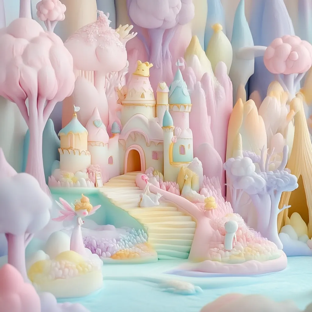 A pastel-colored fairytale castle sits at the center of a whimsical landscape.  Surrounded by soft, sculpted trees and rolling hills in shades of pink, purple, and yellow, the castle features a grand staircase leading to its entrance.  Delicate, fairy-like figures are scattered throughout the scene, adding to its enchanted atmosphere. The overall effect is one of dreamy sweetness and gentle fantasy.