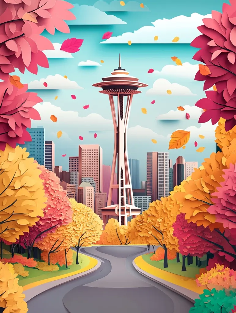 A vibrant autumnal scene in Seattle is depicted in paper art style.  The Space Needle stands tall in the city skyline, surrounded by trees in shades of red, orange, and yellow.  Falling leaves add to the seasonal feel, and a winding road leads the viewer's eye towards the iconic landmark. The style is crisp and colorful, creating a cheerful and whimsical image.