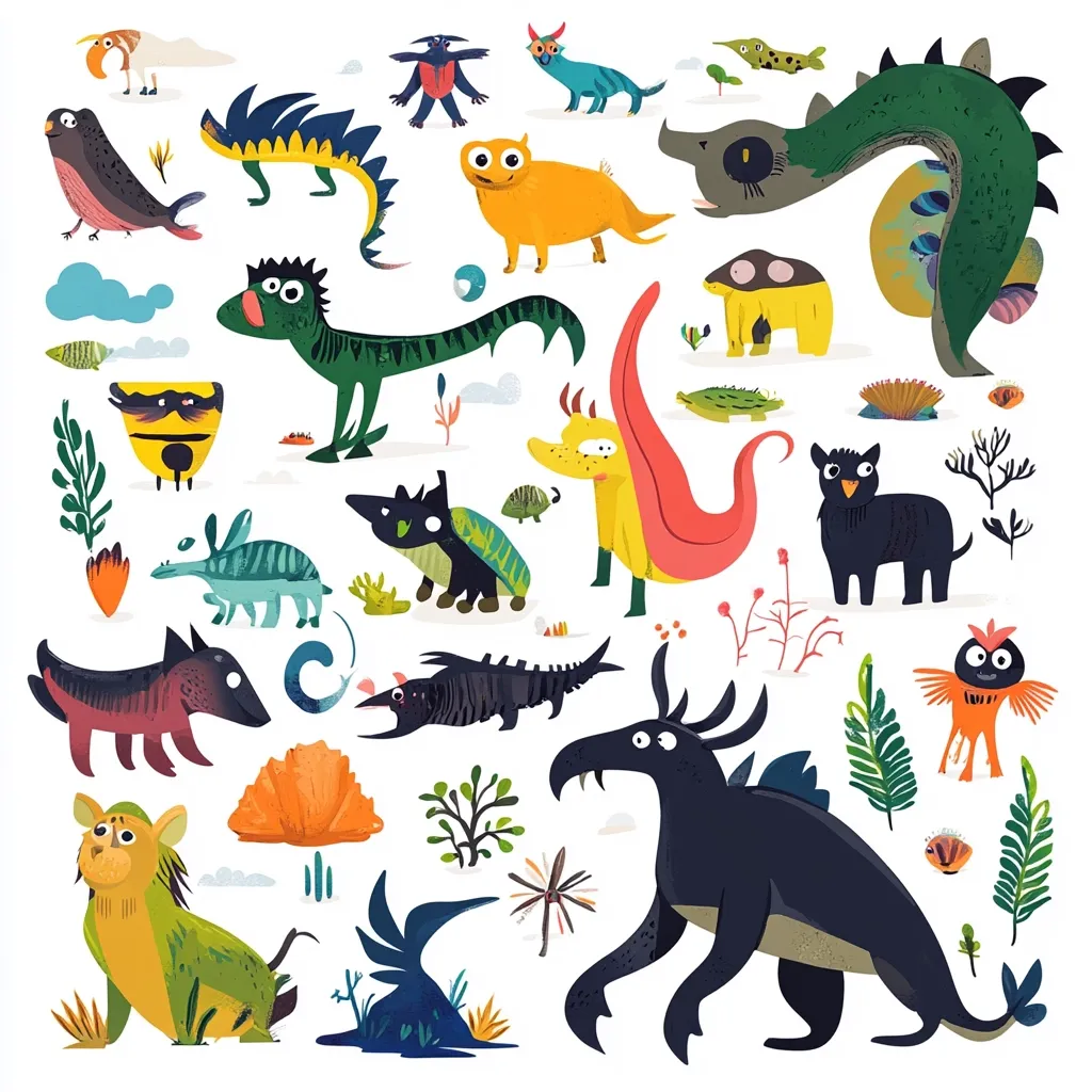 A vibrant collection of whimsical creatures populates a white background.  The diverse cast includes fantastical animals with bright colors and playful designs, ranging from dragons and dogs to strange, plant-like beings and insects.  The style is cartoonish and childlike, with a focus on bold shapes and patterns.  The overall impression is one of fun and imaginative creativity.