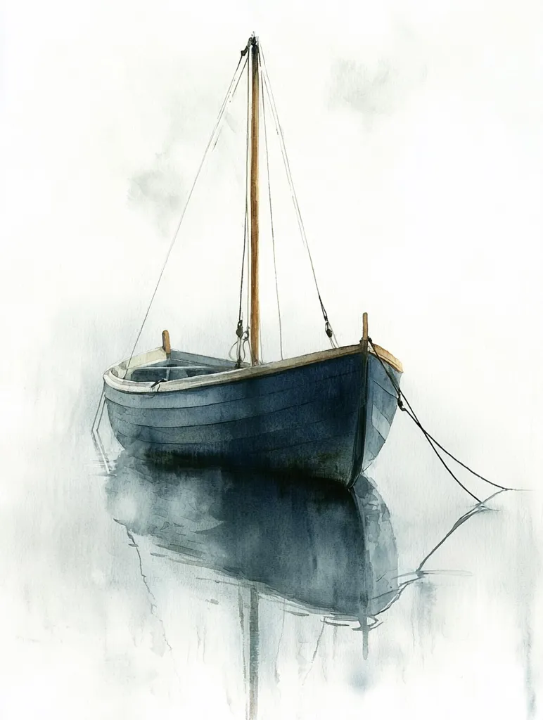 A watercolor painting depicts a small, dark-blue sailboat at rest in calm, misty water. The boat's mast is centered, its lines taut but gentle.  The reflection of the boat is softly mirrored on the water's surface, blending with the fog.  The overall mood is serene and peaceful, emphasizing the quiet solitude of the scene. The muted color palette contributes to the tranquil atmosphere.
