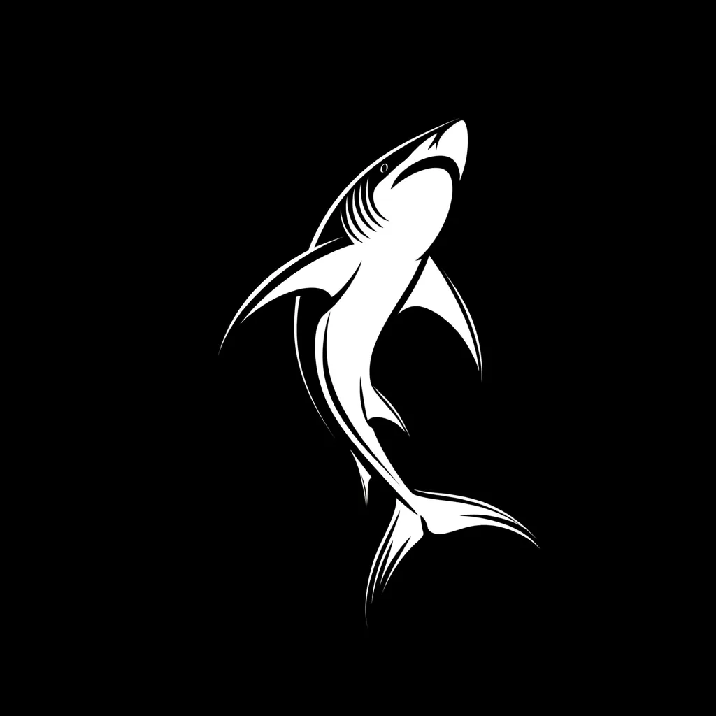 A stylized white shark silhouette is depicted against a black background. The shark is positioned vertically, its body arched gracefully, and its mouth slightly open. The design is minimalist, with bold lines emphasizing the shark's form and powerful presence.  The image evokes a sense of movement and aquatic power.