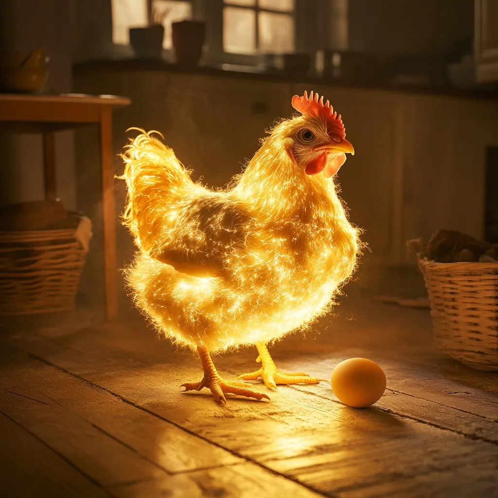 A hen, seemingly radiating golden light, stands on a wooden floor.  Its feathers appear to sparkle, creating a magical effect.  A single, yellowish egg rests near its feet, adding to the mystical ambiance of the scene. The hen is the focal point, illuminated against a dimly lit rustic kitchen background.