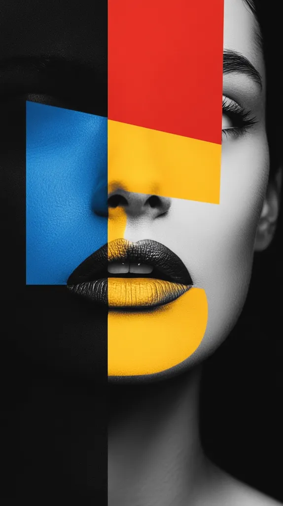 A close-up, stylized portrait of a woman's face.  Bold geometric shapes in black, red, yellow, and blue are superimposed on a grayscale image of her face, creating an abstract and modern effect. The bright colors contrast sharply with the monochromatic tones, highlighting her lips and eyes.  The overall composition is striking and visually impactful, reminiscent of Cubist artwork.
