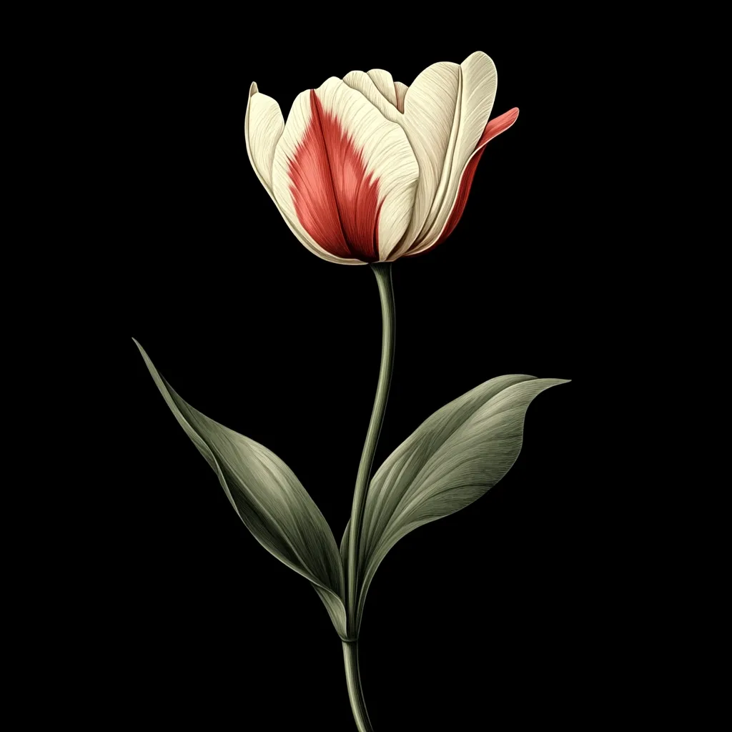 A single tulip, rendered in exquisite detail, stands against a stark black background.  Its petals are a captivating blend of creamy white and deep crimson red, creating a striking contrast. The stem is long and slender, gracefully supporting the bloom, with two elongated leaves extending elegantly. The overall effect is one of sophisticated botanical artistry.