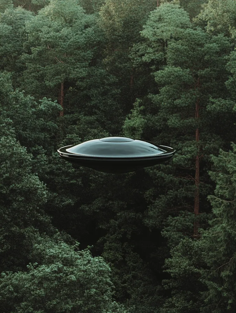 A sleek, black, disc-shaped UFO hovers silently above a dense, dark green forest. The contrast between the object's smooth surface and the rough texture of the trees creates a mysterious and slightly eerie atmosphere.  The scene suggests secrecy and the unknown, typical of classic science fiction imagery.  The UFO is centrally positioned, drawing the viewer's eye.