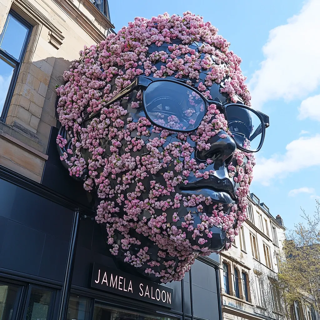 A large-scale sculpture of a face adorned with pink flowers is mounted on the exterior of a building.  The face wears glasses and the sculpture is a striking feature,  above the "Jamela Saloon" signage. The building is light-colored stone, with other buildings visible in the background under a clear blue sky.  The floral decoration creates a striking contrast with the dark sculpture.