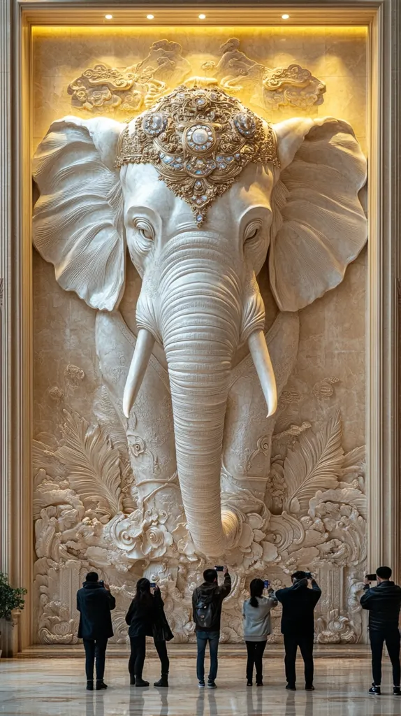 A large, intricately carved elephant head dominates a wall, adorned with gold and jewels.  The relief sculpture is set within an ornate frame, showcasing detailed floral and foliage elements.  Several people stand below, taking pictures of the impressive artwork, which appears to be located within a grand building's interior. The overall effect is one of opulence and artistic grandeur.