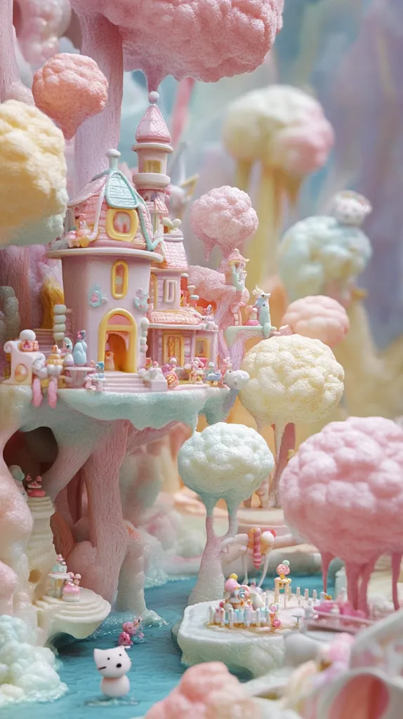 A whimsical miniature candy-colored world.  A pastel castle sits atop a sugary landscape of cotton-candy trees and pastel-hued structures. Tiny figurines populate the scene, adding to the enchanting, fairytale-like atmosphere.  A small, white animal-like figure stands near a turquoise waterway, completing the sweet and dreamy composition.