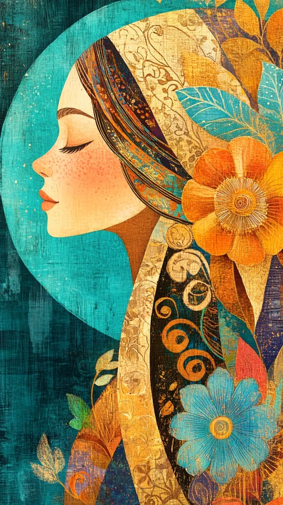 A stylized portrait of a woman, her face in profile, eyes closed in peaceful repose.  She's adorned with an intricately patterned head covering and flowing fabric, reminiscent of a veil or scarf.  Vibrant, textured flowers in oranges, blues, and golds burst around her, creating a rich, artistic collage effect against a teal background.  The overall style is reminiscent of Art Nouveau or Art Deco, with a blend of earthy and jewel-toned colors.