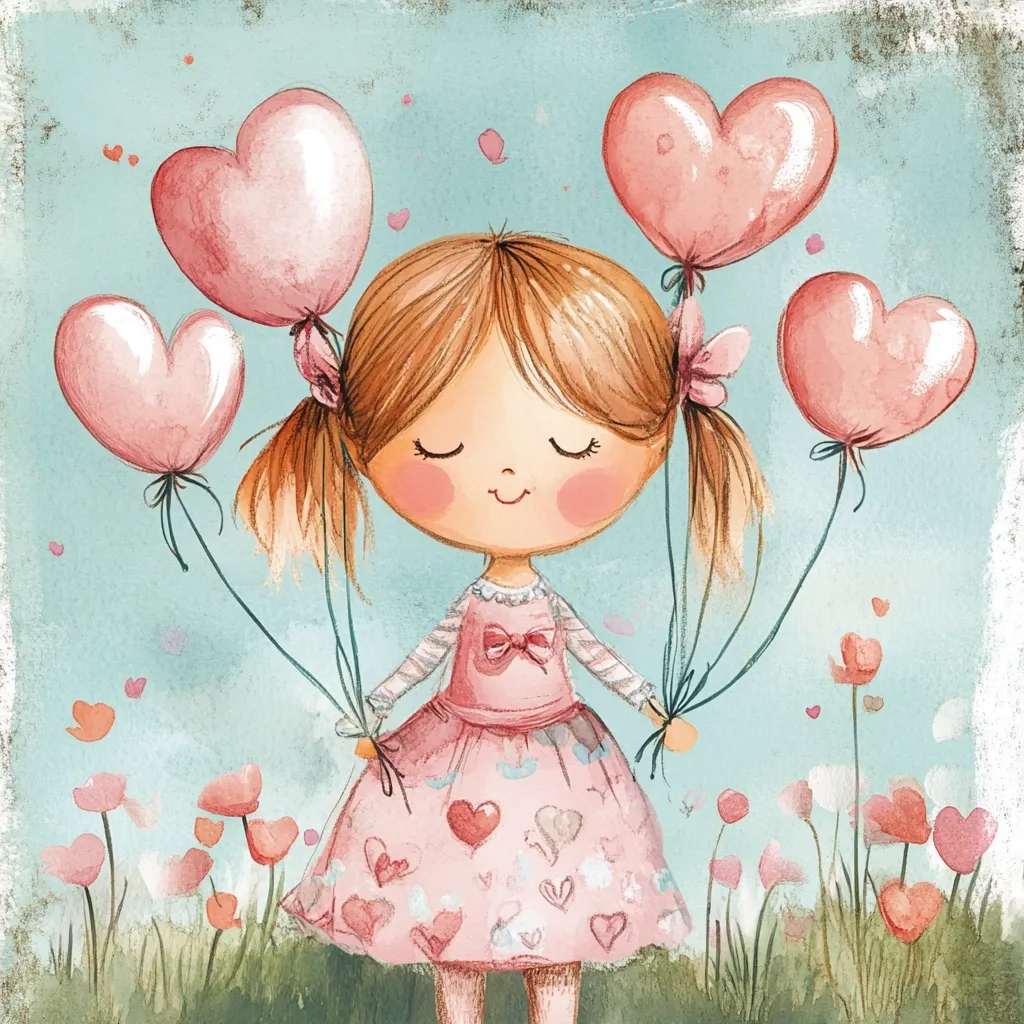 A charming watercolor illustration depicts a little girl with pigtails, wearing a pink heart-patterned dress.  She holds four heart-shaped balloons, each a soft pink hue.  The background is a pastel blue sky with scattered small flowers and a touch of textured paint, creating a whimsical and sweet Valentine's Day or romantic themed image.
