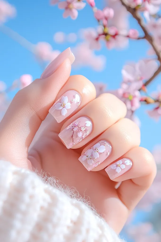 A close-up shot showcases a hand adorned with delicate nail art.  Each nail features a soft pink base embellished with tiny, white cherry blossoms, mirroring the blossoming cherry tree branches blurred in the background. The overall aesthetic is feminine and spring-like, creating a serene and beautiful image. The hand rests gently on a soft, white knit fabric.