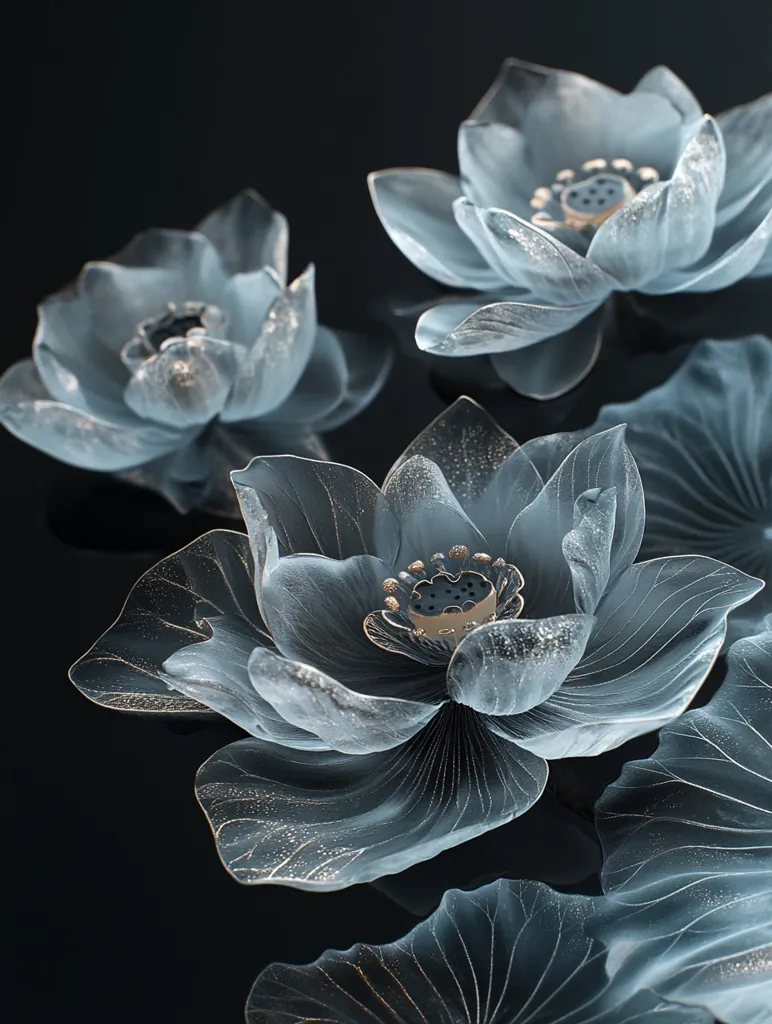 Several translucent, blue-grey lotus flowers with delicate gold veining are artfully arranged against a dark background.  The flowers appear almost ethereal, with their petals exhibiting a delicate, almost glass-like quality.  The image evokes a sense of serenity and elegance.  The lighting accentuates the subtle details and texture of the petals.