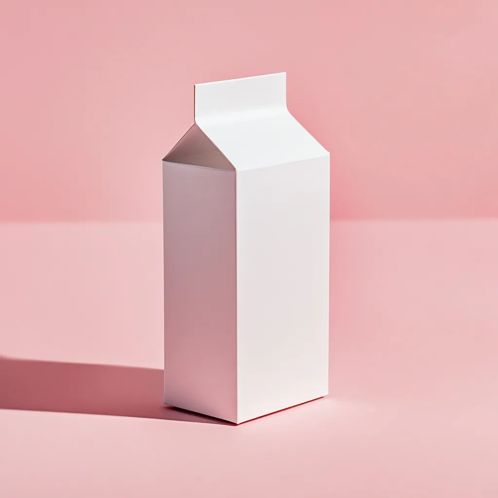 A blank, white milk carton stands on a pink surface.  The carton is rectangular with a slightly folded top.  Its simple design and unblemished surface provide a clean, minimalist aesthetic.  A soft shadow is cast on the pink background.  The image is brightly lit, highlighting the contrast between the white carton and the pastel pink backdrop.