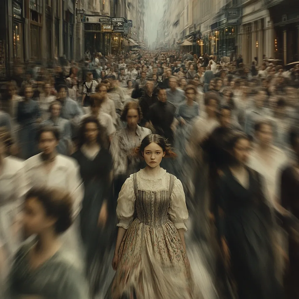 A young girl in a long, light-colored dress stands calmly in the center of a bustling 19th-century street scene.  The crowd around her is blurred by motion, creating a sense of urgency and chaos. The girl's serene expression contrasts sharply with the energy of the surrounding throng, making her a focal point amidst the swirling movement.  The overall image evokes a feeling of isolation within a large, hurried crowd.