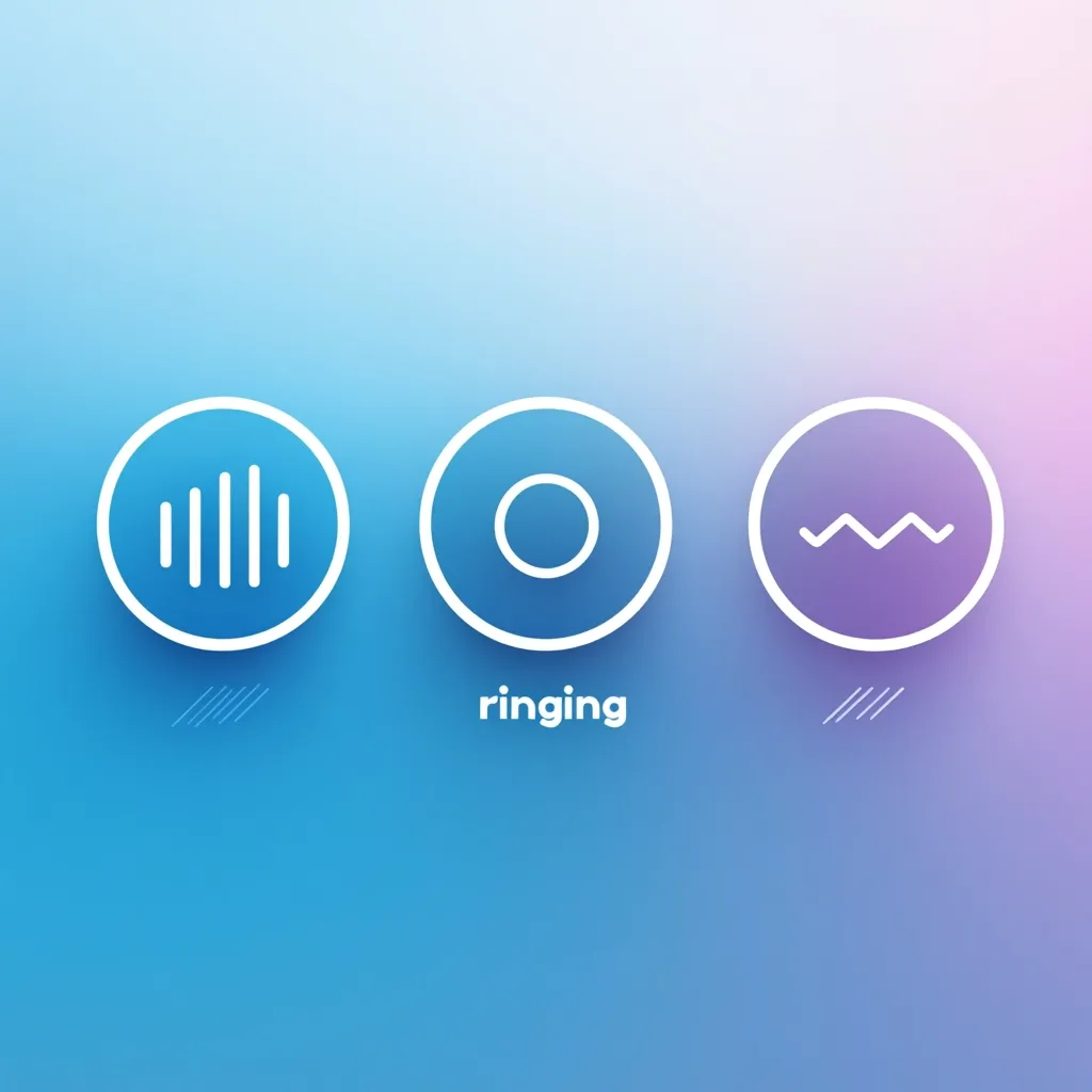The image shows three circular icons on a blue-to-purple gradient background.  The leftmost icon displays vertical lines, representing sound waves. The center icon, labeled "ringing," shows a circle with a smaller circle inside, symbolizing a phone call. The rightmost icon features a wavy line, suggesting a signal or connection.  The overall design is clean and minimalist.
