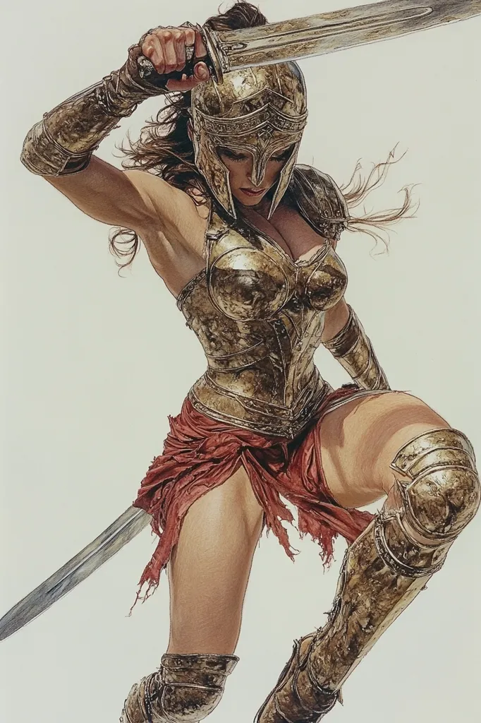 A muscular female warrior, clad in gold armor and a crimson wrap, wields a large sword. Her helmet shields her face, partially revealing determined eyes.  The artwork captures a dynamic pose, suggesting intense action and strength.  The detailed rendering of the armor and musculature emphasizes both power and feminine form. The overall style is realistic with a focus on detailed texture and shading.