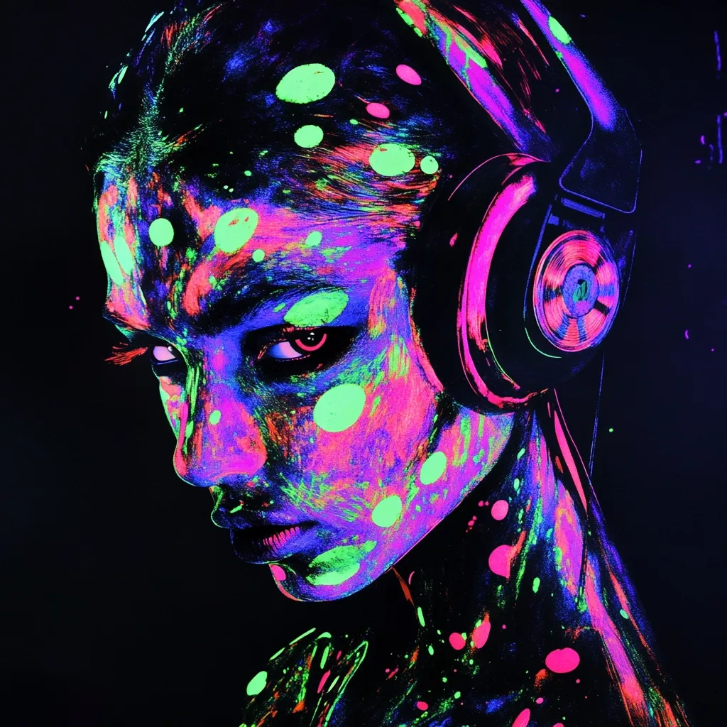 A close-up portrait of a person with vibrant neon paint splattered across their face and body.  They wear large over-ear headphones, suggesting a connection to music. The dark background accentuates the bright, almost otherworldly glow of the paint, creating a striking and surreal image. The expression is serious and intense, adding to the mysterious atmosphere.