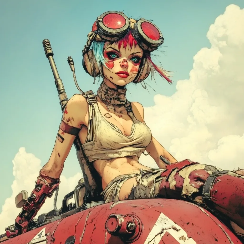 A stylized illustration depicts a young woman with vibrant blue and red hair, wearing goggles and a tattered, revealing outfit.  She's adorned with  mechanical arm guards and sits atop a weathered, red vehicle, a large weapon resting against her back.  The setting suggests a post-apocalyptic or dystopian landscape, under a bright, cloudy sky. Her expression is intense and confident.
