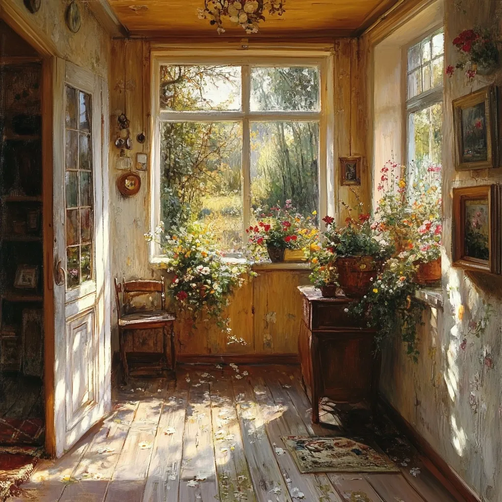 Sunlight streams into a sunlit, rustic room through a large window, illuminating wooden floors scattered with flower petals.  Vibrant potted flowers adorn the windowsill, adding color to the charming interior.  A simple wooden chair and a dark cabinet are positioned near the window, creating a peaceful and serene atmosphere.  The walls are adorned with framed pictures, adding to the quaint charm of the space.