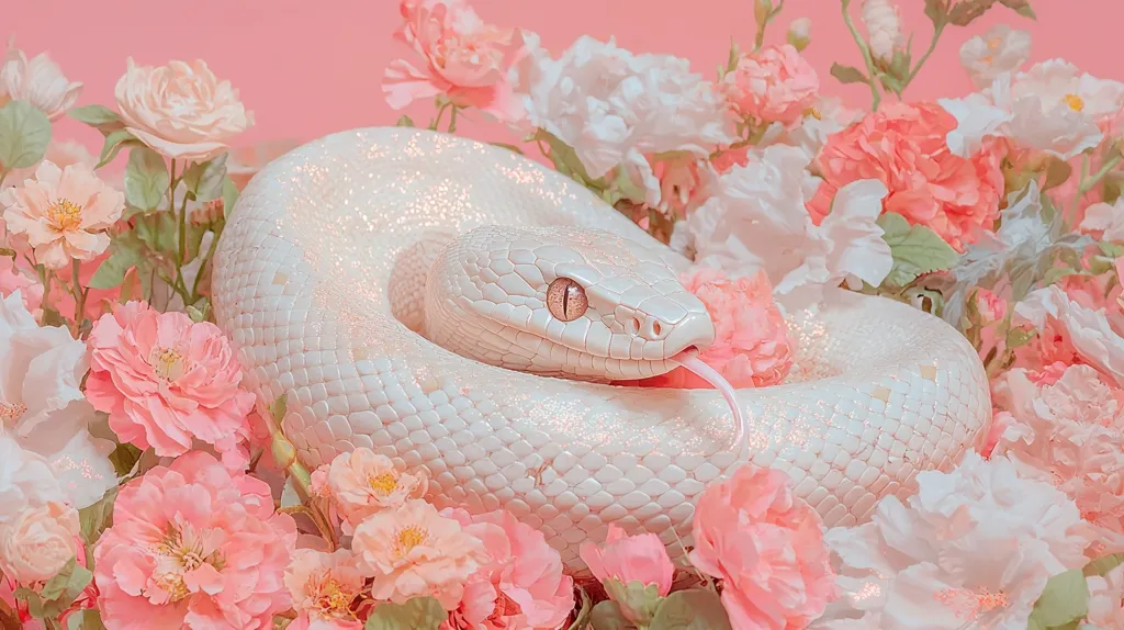 A pale, iridescent white snake rests amidst a profusion of soft pink and white flowers.  The snake's scales shimmer, creating a delicate contrast with the blossoms.  The overall aesthetic is dreamy and pastel, evoking a sense of gentle beauty and ethereal calmness.  The pink background enhances the soft, romantic ambiance of the image.