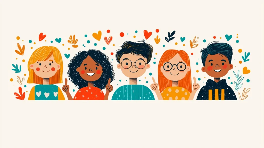 Five children of diverse ethnicities are cheerfully displayed, each with a unique hairstyle and attire. They are positioned side-by-side, their faces beaming with joy.  The background features hearts, dots, and floral elements, creating a vibrant and inclusive atmosphere. The children appear friendly and united, symbolizing diversity and togetherness.