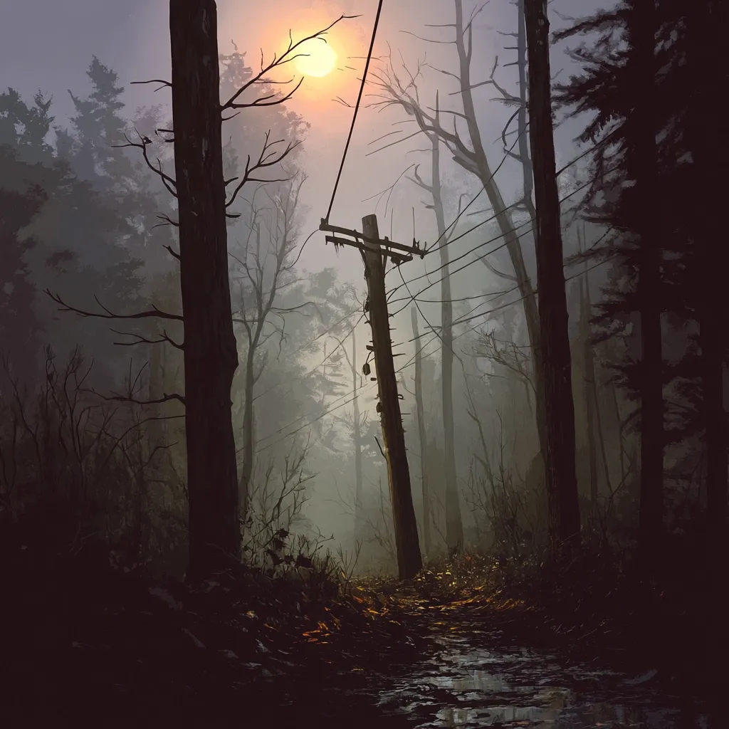 A digital painting depicts a desolate forest path at dusk.  A broken utility pole stands in the center, wires hanging loosely.  Tall, slender trees surround the path, their branches bare, creating a somber atmosphere.  A hazy mist hangs in the air, and a muted orange sun is visible through the trees. The overall mood is eerie and somewhat melancholic.