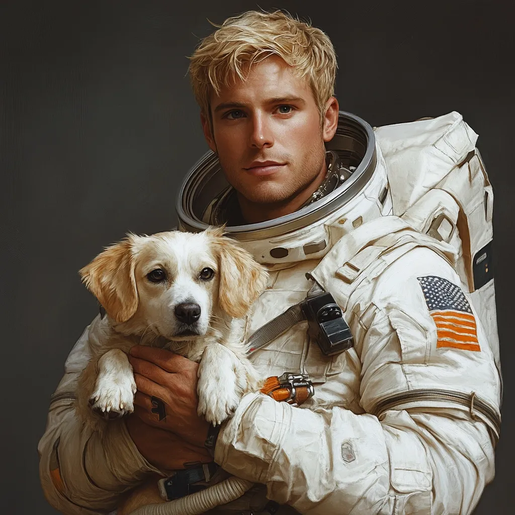 A portrait of a blond, handsome astronaut in a white spacesuit gently cradles a small, light brown and white puppy.  The astronaut's expression is calm and affectionate. The American flag is visible on his suit's arm. The image is digitally painted with a realistic style, evoking a sense of warmth and tranquility. The background is a muted grey.