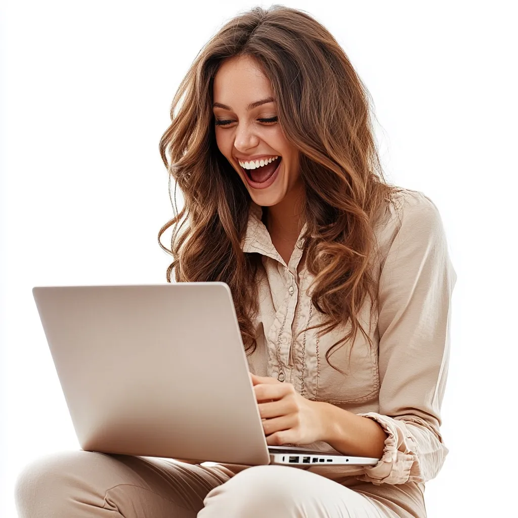 A young woman with long brown hair sits on the floor, laughing joyfully while looking at her laptop. She's wearing a light beige shirt and pants.  The laptop is positioned on her lap, and her expression shows genuine excitement and surprise at what she's seeing on the screen. The background is plain white, focusing attention on her happy reaction.