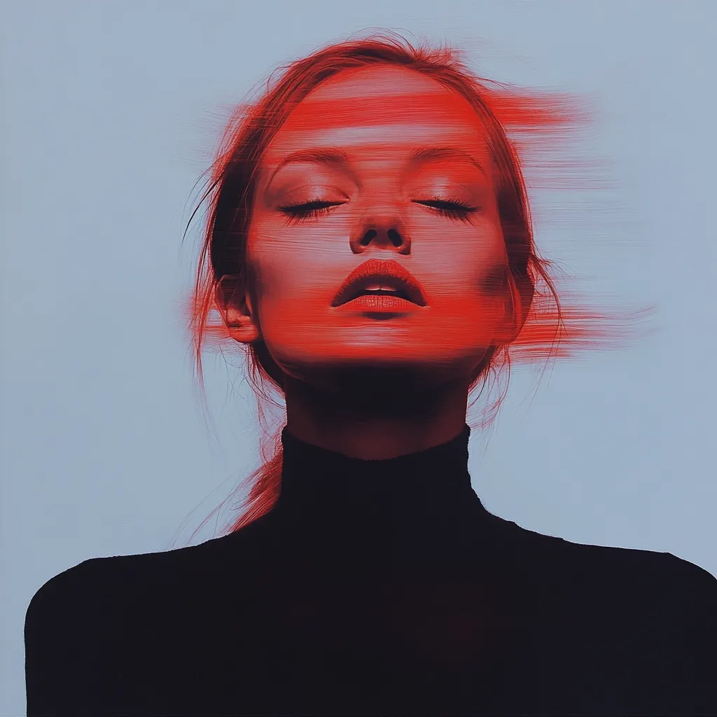 A stylized portrait of a woman with her eyes closed.  Her face is overlaid with bold, red, horizontal streaks creating a sense of motion or energy.  Her hair is pulled back, and she wears a simple black turtleneck. The overall effect is one of serene intensity, a blend of calmness and vibrant energy. The background is a muted, light blue-gray, contrasting with the fiery red tones on her face.