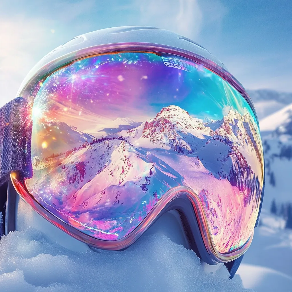 A close-up shot of a ski goggle resting in the snow.  The iridescent lenses reflect a vibrant, surreal landscape of snow-covered mountains under a pastel sky.  The image evokes a sense of winter adventure and the beauty of a snowy mountain vista, enhanced by the goggle's lens creating a dreamy, almost otherworldly effect.  The overall feel is peaceful and captivating.