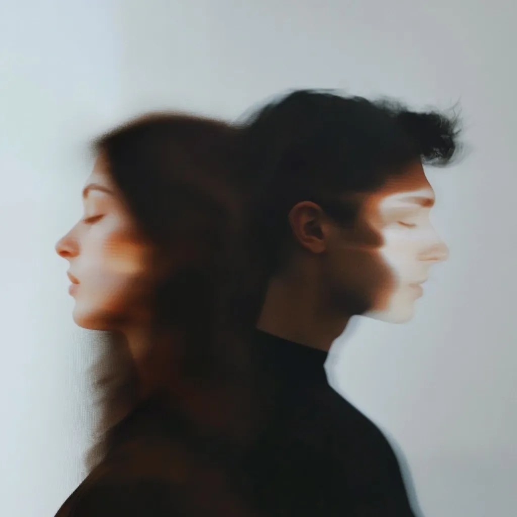 A stylized portrait of a young man and woman, their bodies almost touching, positioned in profile against a light background.  Their faces are partially obscured and blurred, creating a dreamlike, ethereal effect.  The image suggests intimacy and connection, yet also a sense of mystery and unspoken emotions.  The soft lighting and muted colors enhance the overall mood of quiet contemplation.