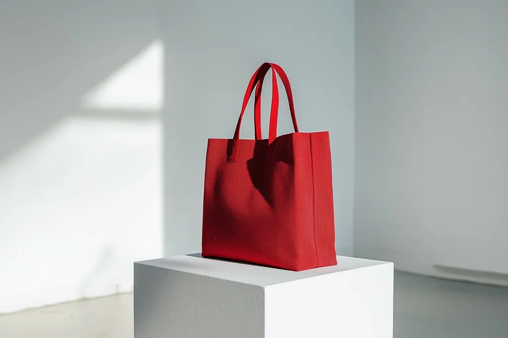 A vibrant red tote bag sits on a pristine white cube against a minimalist white backdrop.  Sunlight casts shadows, highlighting the bag's texture and the simple elegance of the scene. The bag features sturdy handles and a clean, rectangular shape. The overall image is clean, modern, and showcases the bag's color and form.