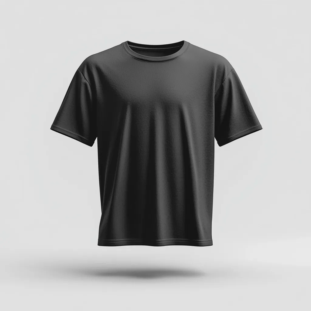 A plain black t-shirt is shown against a light gray background.  The shirt is a simple crew neck style with short sleeves. It is presented in a minimalist style, floating slightly above the surface. The image is ideal for showcasing the fabric and design of the shirt, suitable for apparel branding or design mockups.