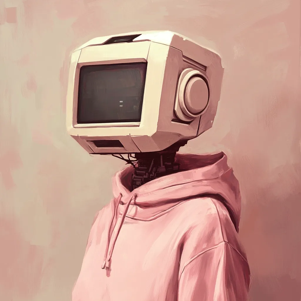 A digital painting depicts a robot with a boxy, off-white head resembling an old television set. The robot wears a pale pink hoodie, creating a contrast between its retro technological features and modern casual clothing.  The muted color palette and soft brushstrokes give the image a calm, almost melancholic atmosphere. The robot's expression is neutral, leaving its emotional state ambiguous.