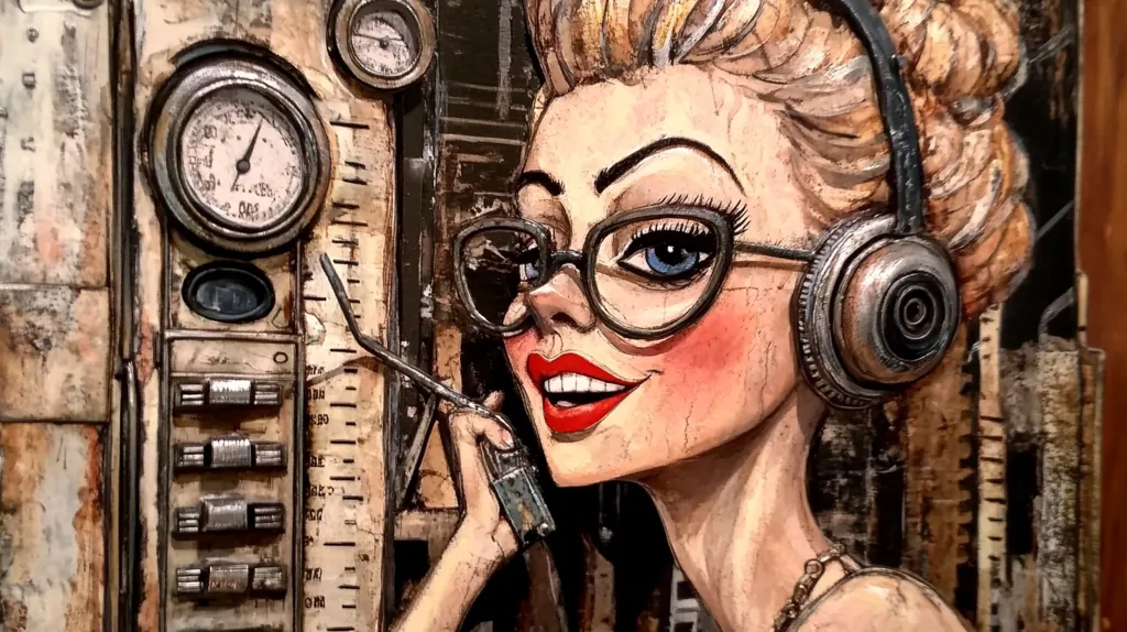 A stylized female figure, wearing large glasses and headphones, is depicted in a mixed-media artwork.  Her expression is cheerful, and she holds a vintage-style telephone receiver. The background is composed of textured, metallic elements reminiscent of old machinery and gauges, creating a steampunk aesthetic. The artwork combines painted elements with sculpted details, showcasing a unique blend of styles.