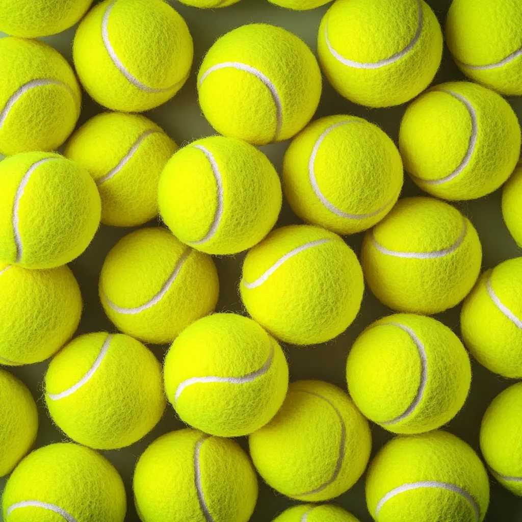 A pile of bright yellow tennis balls fills the frame.  The balls are densely packed together, showcasing their fuzzy surface and characteristic white seams. The vibrant color and uniform shape create a visually appealing and repetitive pattern. The background is a muted, neutral tone that allows the tennis balls to stand out.