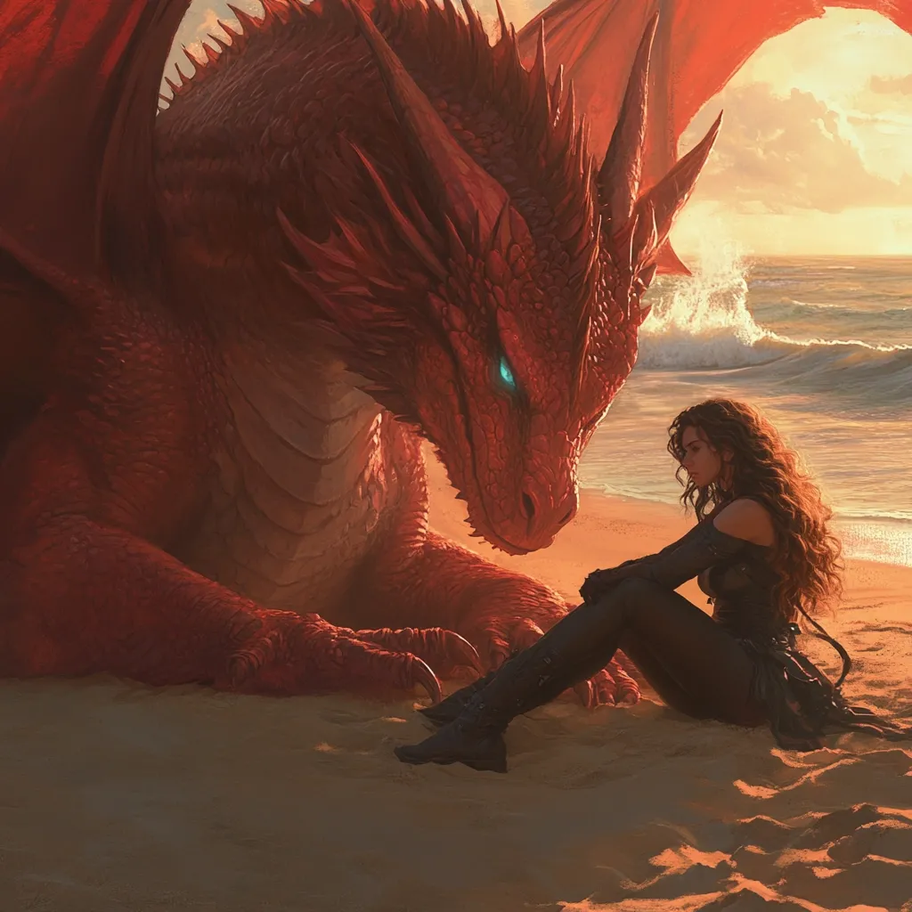 A majestic red dragon with vibrant turquoise eyes rests on a sandy beach at sunset. Beside it sits a dark-haired woman, clad in black, her gaze directed downwards.  The scene evokes a sense of tranquility and companionship between the mythical creature and the human, the warm light of the setting sun casting a serene glow over them both.  The ocean gently laps the shore in the background.
