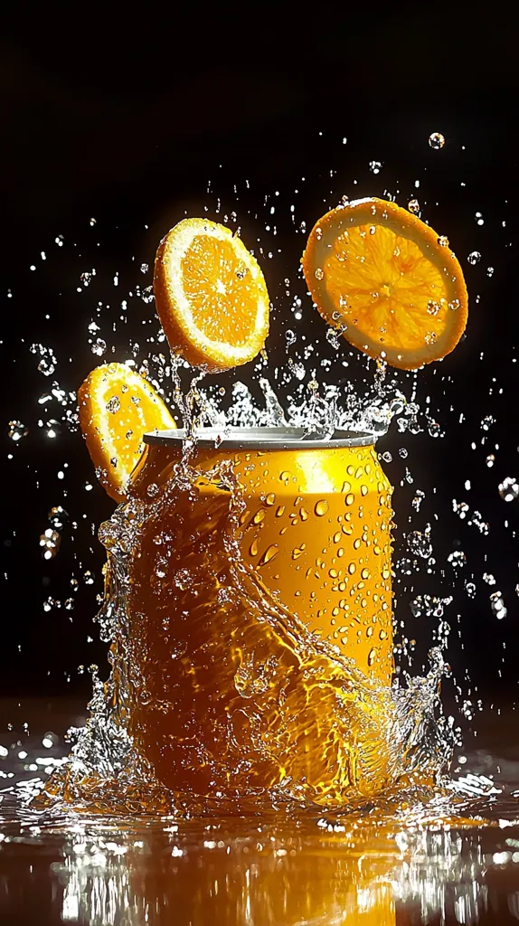A vibrant image captures the moment orange slices splash into a golden aluminum can, creating a dynamic burst of liquid.  Water droplets cling to the can's surface as the citrus fruit sinks, suggesting a refreshing orange-flavored beverage.  The dark background accentuates the bright, juicy colors of the oranges and the sparkling liquid.  The overall effect is one of lively energy and delicious refreshment.