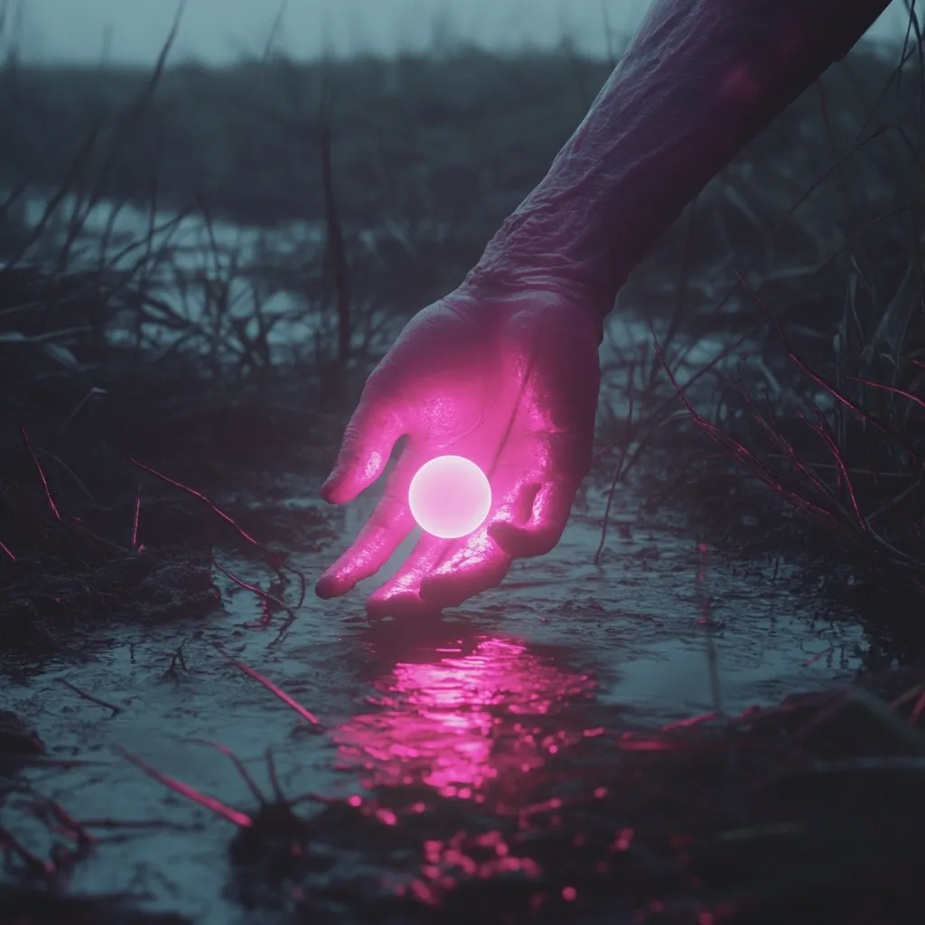 A weathered hand, glowing pink, gently cradles a luminous pink orb.  The scene is set in a dark, swampy environment, with tall grasses surrounding the still, dark water reflecting the orb's ethereal light. The overall atmosphere is mysterious and evocative, hinting at fantasy or the supernatural.