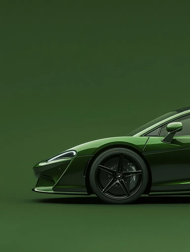 A sleek, dark green McLaren sports car is partially shown against a matching green background.  The image focuses on the front wheel and side profile, highlighting the car's curves and sophisticated design. The dark color and minimalist backdrop emphasize the vehicle's luxurious and powerful aesthetic.  The lighting is subtle, creating a polished, professional look.