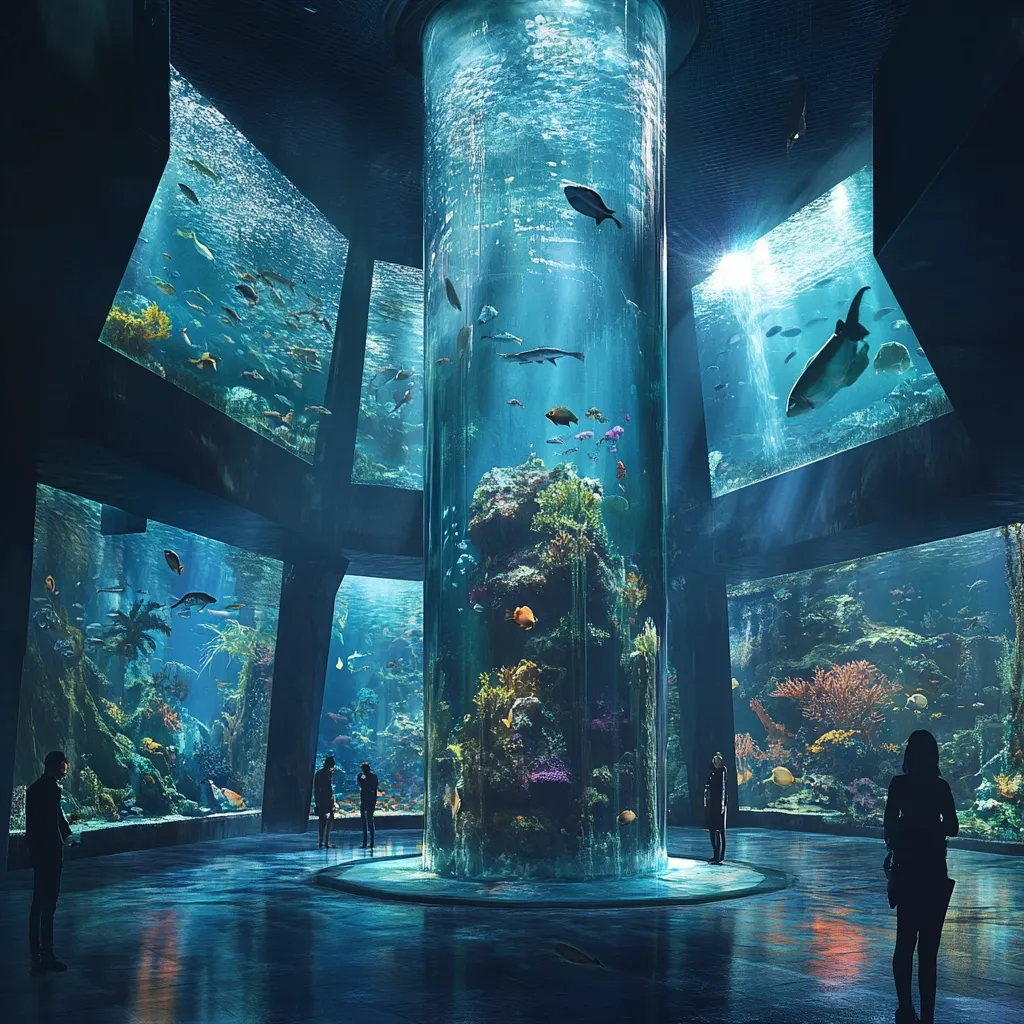 A futuristic aquarium showcases a massive cylindrical tank surrounded by smaller, rectangular tanks, all teeming with diverse marine life.  People stand observing the vibrant coral reefs and various fish species.  The architecture is sleek and dark, contrasting sharply with the brilliantly lit underwater scenes. The overall atmosphere is serene and awe-inspiring.