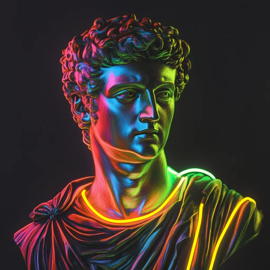 A classical bust, possibly depicting a Roman or Greek figure, is dramatically illuminated with vibrant neon colors. The sculpture's details are highlighted by the multicolored light, creating a striking contrast against the dark background. The neon accents add a contemporary feel, juxtaposing the ancient art form with modern aesthetics. The image is a powerful blend of classic and contemporary.