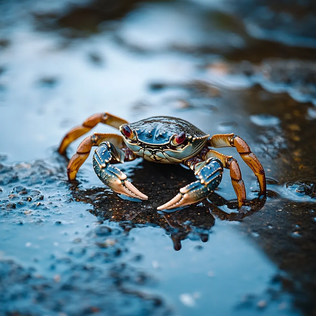 A vibrant blue crab with orange legs stands in a shallow puddle on dark, wet ground.  Its reflection is visible in the water.  The crab's carapace is a deep blue, contrasting with its bright orange claws and legs.  The overall image is sharply focused, highlighting the crab's detailed features.